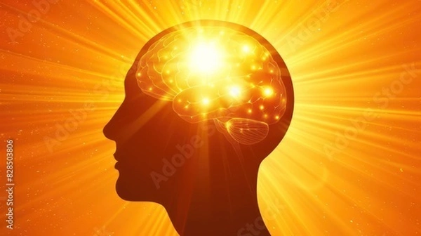 Fototapeta A silhouette of a human head with the brain glowing and emanating rays of light, suggesting ideas, creativity, and intellectual energy 
