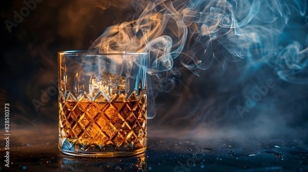 Fototapeta A smoky whiskey cocktail served in a crystal glass, with a plume of smoke rising elegantly from the drink, set against a dark, moody background