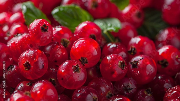 Obraz A close-up of fresh lingonberries, focusing on their smooth, glossy skin and bright red color.