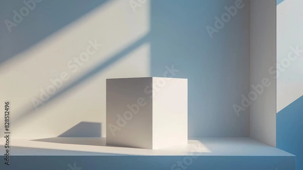 Fototapeta A white box sits on a shelf in a room with a blue wall