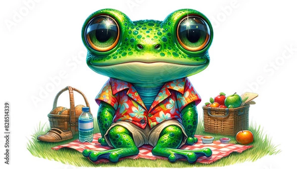 Fototapeta Cute frog in a Hawaiian shirt enjoying a picnic with baskets and fruits, blending vibrant colors and whimsical charm.