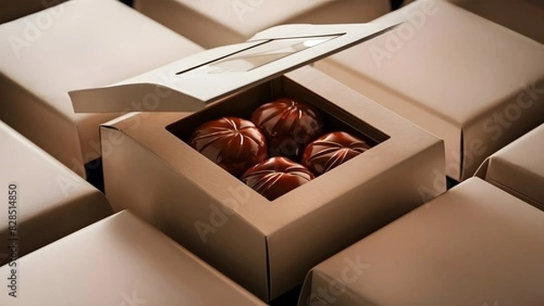 Fototapeta Open lid sweets inside set of confectionary packaging cardboard box, packaging box mockup, product mockups