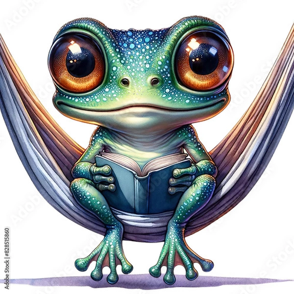 Fototapeta Adorable animated frog with big eyes reading a book while lounging on a hammock. Ideal for fun and educational content.