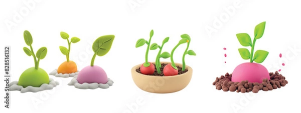 Fototapeta Various stages of plant growth, seedling to young plant, isolated on a transparent background. 3D illustration plant development for educational, gardening concepts. Botany and growth