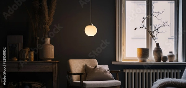 Fototapeta Living room on the background of a dark classic wall with lighting by AI generate.