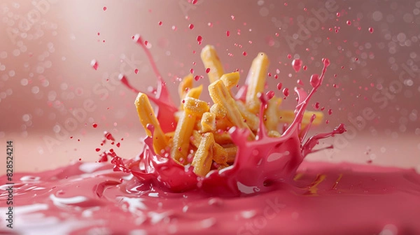 Fototapeta Chips falling and splashing on pink liquid