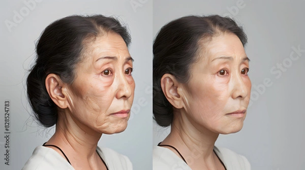 Obraz 60代のアジア系女性の肌を左右で比較したイメージ図