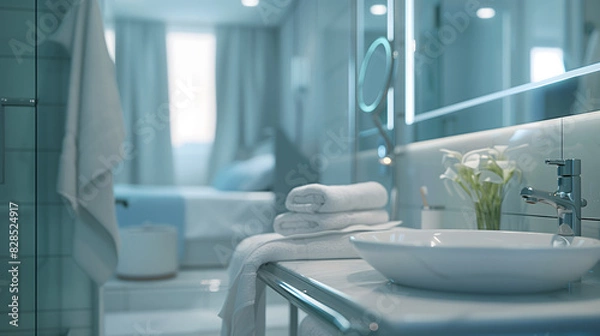 Obraz 白で統一されたホテルの洗面所からベッドルームを写した画像