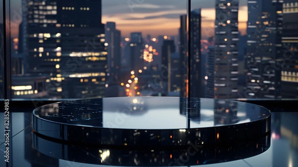 Obraz 高層ビルの室内の窓からサンセットと夜景を見る様子