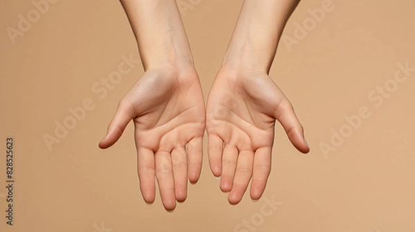 Obraz ヌードカラーの背景上で両手の平を見せているハンドモデル