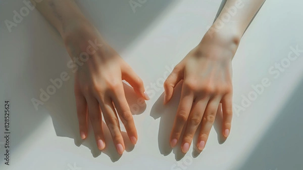 Obraz 白いテーブルの上へ両手を置いて全体を見せている女性