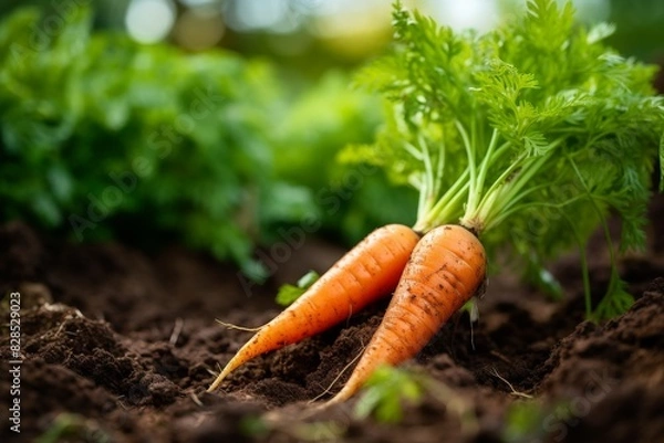 Fototapeta Fresh Organic Carrots With Green Tops In Soil At Local Farm. Generative AI
