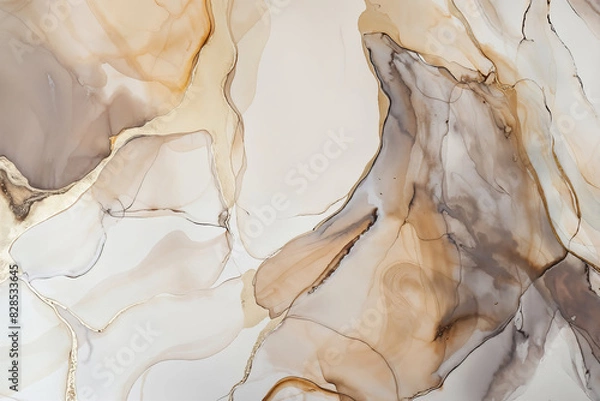 Fototapeta Alcohol ink with thin gold lines on a white background. Fluid texture with abstract shapes and forms in neutral tones of beige, grey, and brown, organic fluid lines in the style of nature.