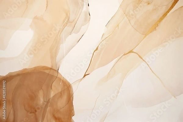 Fototapeta A beautiful abstract artwork with fluid shapes in beige, white and gold in style of alcohol ink painting. The background with liquid forms, watercolor blur and detailed texture.
