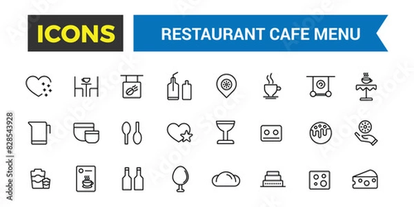 Fototapeta Restaurant cafe menu, food and drink icon set. Outline icons pack. Editable vector icon and illustration.