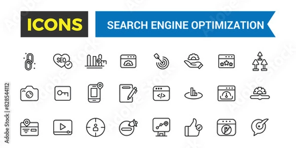 Fototapeta Search Engine Optimization Outline web icons set. Thin line web icon collection. Icon collection. Editable vector icon and illustration.