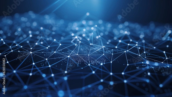 Obraz 
Abstract digital background with glowing connections and nodes forming an intricate network on dark blue backdrop, representing global data transfer or technology theme