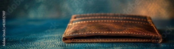 Obraz A brown leather wallet is laying on a blue surface