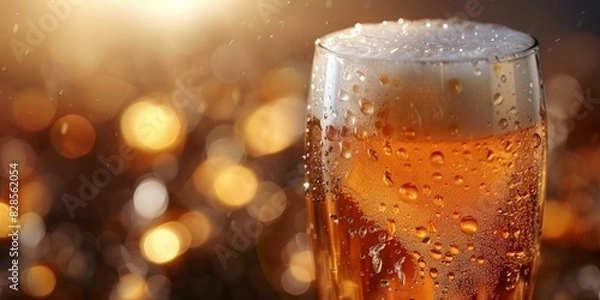 Fototapeta Close-up of a glass of beer with frothy head and golden bokeh lights in the background
