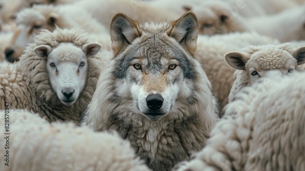 Fototapeta An artistic depiction of a wolf among sheep, symbolizing bravery and cleverness. Suitable for various uses including articles, posters, and digital content.