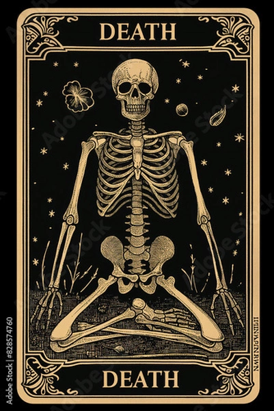 Fototapeta Death tarot card in black and golden with a skeleton