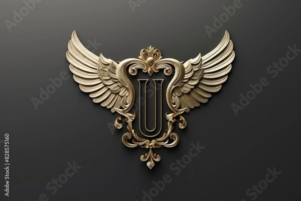 Fototapeta A unique golden letter with wings on a dramatic black background. Suitable for various design projects