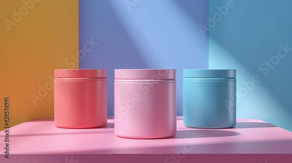 Fototapeta Three containers of different colors are displayed on a table