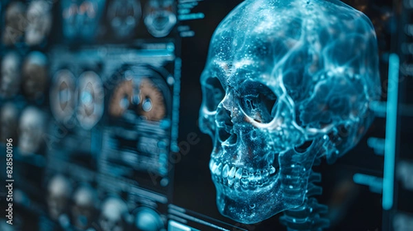 Obraz Digital Afterlife: A holographic skull shimmers with spectral energy, juxtaposed against a backdrop of cryptic data visualizations, hinting at the intersection of mortality and technology.