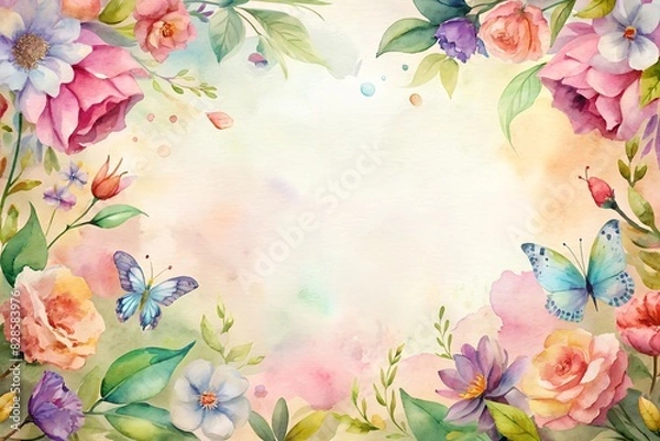Fototapeta Colorful watercolor floral border with butterflies on a soft pastel background