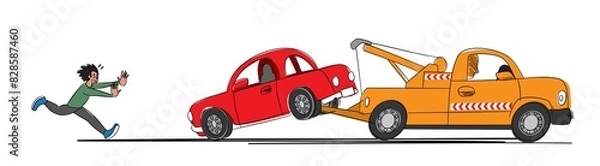 Fototapeta Illustration of a fearful man running after a tow truck that has just taken away his car	