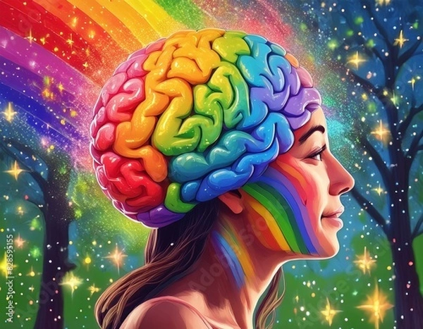 Fototapeta A digital illustration of the human brain with rainbows, glitter and sparkles, representing Autism, creativity, and neuro diversity