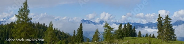 Obraz Panorama über einer Alm in den Alpen mit aufsteigenden Wolken