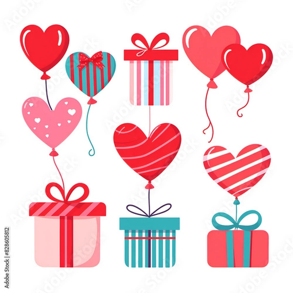 Fototapeta Valentine's Day set of vector illustrations with pink and red hearts, balloons, gifts wrapped with strip
