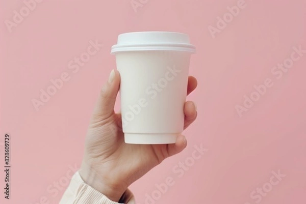 Fototapeta Mockup of a white coffee glass in hand on a soft pink background