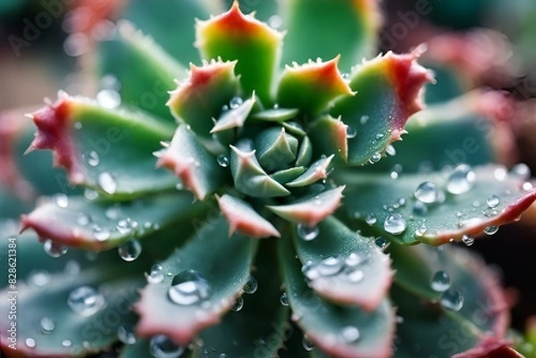 Fototapeta Succulent Close-up with Water Droplets, Detailed Leaf Texture, Macro Photography, Botanical Beauty, High Resolution, Green and Red Hues, Nature Image