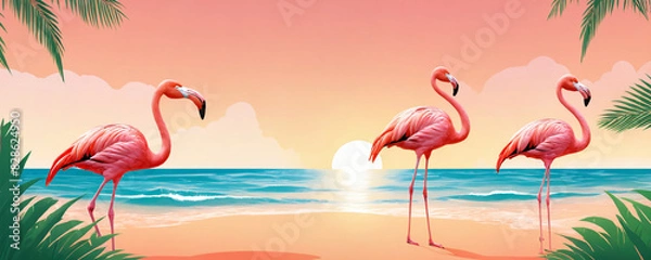 Fototapeta Three pink flamingos stand on a sandy beach against the backdrop of the setting sun. 