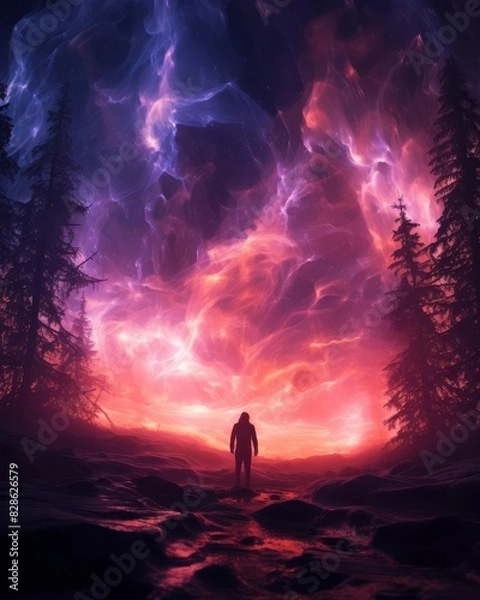Fototapeta Silhouette of a person standing against a vibrant, mystical sky with neon colors and towering trees, creating an ethereal, otherworldly scene.