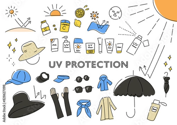 Obraz 紫外線対策のものを集めた手描きイラストセット