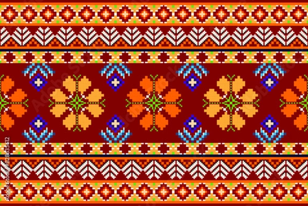 Fototapeta Pixel ethnic pattern oriental traditional. design fabric pattern textile African Indonesian Indian seamless Aztec style abstract vector illustration for print clothing, texture, fabric, wallpaper, dec