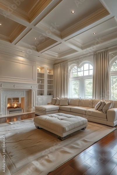 Fototapeta Modern Living Room with Fireplace and Floor-to-Ceiling Windows