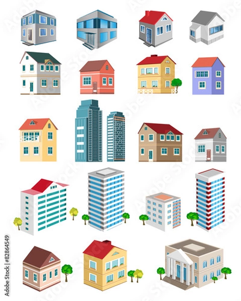 Fototapeta Set of 3d detailed buildings with different types of perspective
