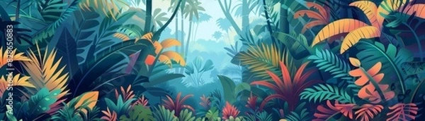 Fototapeta Dense jungle scenery with tropical foliage, flat design, side view, explorer theme, animation, Split-complementary color scheme