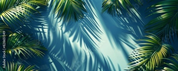 Fototapeta Palm leaves swaying gracefully in shadow, flat design, top view, tropical night theme, 3D render, Analogous Color Scheme