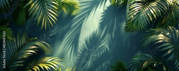 Obraz Palm leaves swaying gracefully in shadow, flat design, top view, tropical night theme, 3D render, Analogous Color Scheme