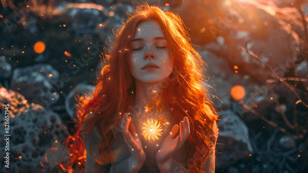 Fototapeta A girl holding a light in her hand with sparkling light around