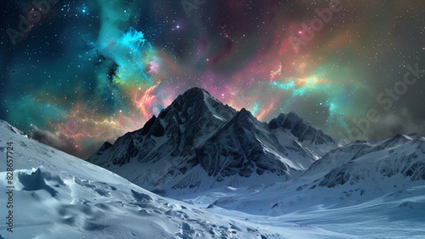 Fototapeta Snowy mountains with colorful aurora borealis at night