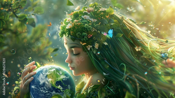 Fototapeta The goddess who embraces the world, with butterflies flying around