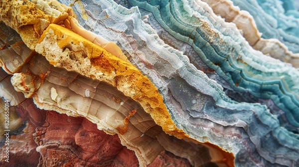 Fototapeta Close-up colorful sedimentary rock layers, revealing intricate patterns and a rich palette of blue, beige, and orange hues, Natural beauty and geological complexity of the rock formation.