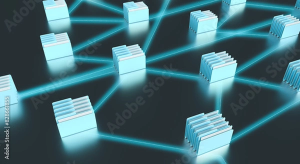 Obraz The pattern of folders with operating system files. 3d rendering on computer, interface, technology, applications, development, code, business, data. Internet network, electricity. Dark background.