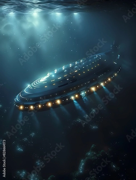 Fototapeta UFO and extraterrestrial ship swimming in bottom of the ocean. Alien spacecraft flying underwater.Sci-fi and fantasy concept. Generative AI
